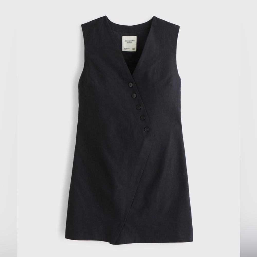 Linen-Blend V-Neck Button Mini Dress